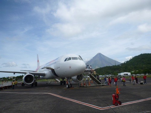 Landing in the small airport beside Mt Mayon