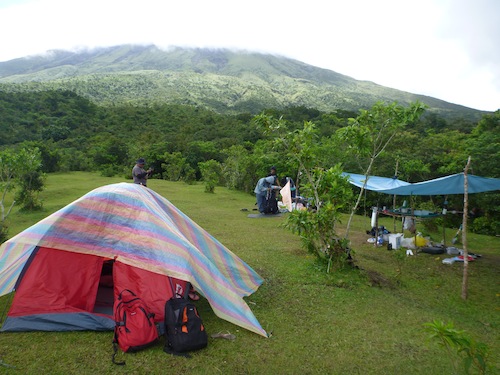 Our tent and backpacks. Dinner was cooked in the makeshift 'kitchen' with the blue roof cover