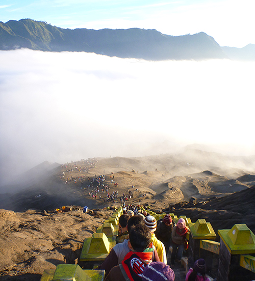 Descending the steep steps