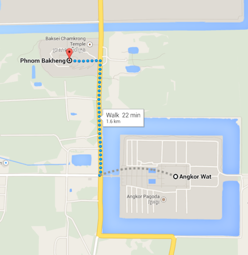 From Angkor Wat it's about 5min cycle down to the foot of Phnom Bakheng where we locked our bikes. After that it was about 10 min of walking uphill. It was worth the trek, but not to-die for (unlike the sunrise) so you can give it a miss if you're pressed for time