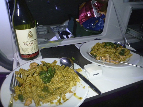 Salmon pesto fusilli with a bottle of Semillon for dinner