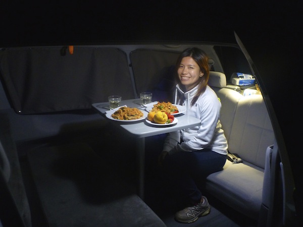 Dinner inside our campervan on a chilly night